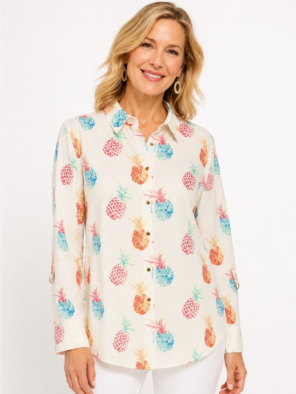 Chico’s No-Iron Pineapple Print Button Front Shirt Cotton Size 3 XL Tropical Top